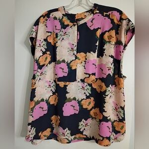 J Crew Navy Floral Sleeveless Blouse - Pink & Tan Floral Print Size XXL